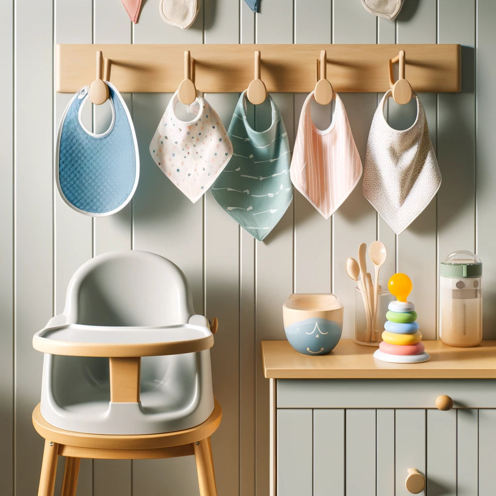Image of bib hanging next to a highchair in a white paneled kitchen